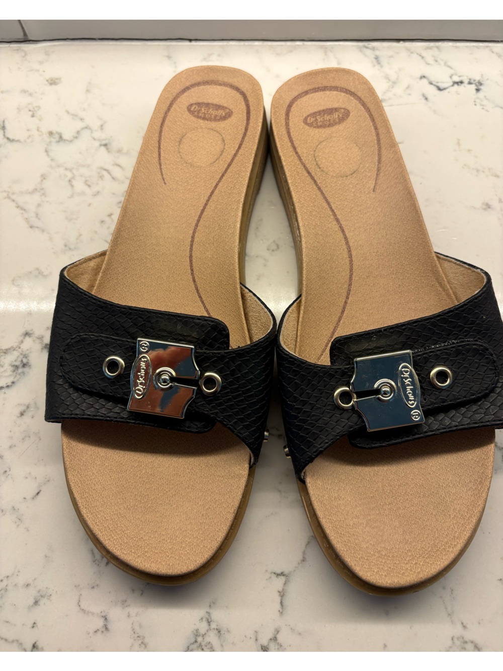 Dr. Scholl's Black Slip-On Sandals with Silver Buckle